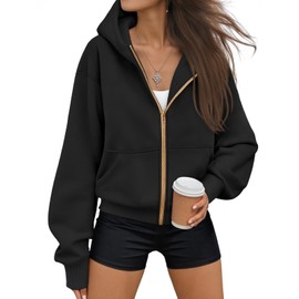 Trendy Queen Womens Zip Up Hoodies Fall Fashion Sweatshirt 2025 Clothes Y2K Cropped Jackets Cute Winter Outfits Black S