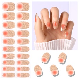 20Pcs Semi Cured Gel Nail Strips Gold French Tip Gel Nail Stickers Full Nail Wraps UV/LED Nail Art Supplies Pink Nail Polish Strips Glue on Nails for Women Girls Acrylic Nail Decorations Accessories