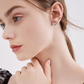 EVER FAITH Black and White Checkerboard Love Heart Huggie Hoop Earrings, S925 Enamel Classic Jewelry Checkered Flag Racing Stud Earring for Women