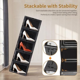 CKHXR 12 Pack Black Shoe Boxes Stackable,Large Shoe Storage Organizer with Magnetic Door,Drop Side Shoe Containers for Entryway,Sneaker Storage Fit up to US Size 12 for Men/Women(13’’x 10.62”x 8.26”