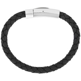 Sabrina Silver Stainless Steel Leather Bracelet Black for Men & Women 5/16 inch Wide, 7.5 inch