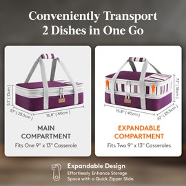 Lifewit Expandable Insulated Casserole Carrier for Hot or Cold Food, Double Decker Food Bag Lasagna Holder Carry Tote for Potluck Parties/Picnic/Cookouts, Fits 9"x13" Baking Dish, Purple
