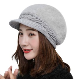 Women Winter Wool Knit Beret Hat Peaked Beanie Hat Warm Newsboy Flat Cap Baker Boy Cap Faux Fur Hat Wool Crochet Hat Braided Soft Fleece Lining Artist Painter Cabbies Berets Christmas (Grey)