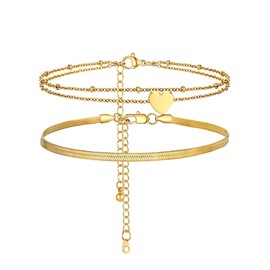 PROSTEEL Gold Herringbone Anklets for Women Waterproof Ankle Bracelets Gold Plated Anklet Heart Anklets Gold Anklet Set