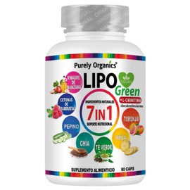 Lipo Green 7 EN 1. 750mg Vinagre de Manzana, 500mg Carnitina, 300mg extracto de piña, 150mg Cetonas de frambuesa, 100mg Té verde, 80mg Chía, 50mg extracto de pepino, 20mg Toronja 90 Cápsulas.