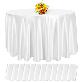 fani 12 Pack 120 Inch White Satin Tablecloth - Premium Bright Silky Round Tablecloth Overlay Smooth Fabric Table Cover, Table Decoration for Wedding Party Banquet Events Restaurant Kitchen Dining
