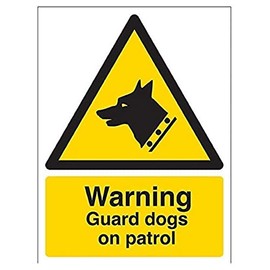 V Safety 6E013AN-R Security Notice, Beware Guard Dogs Patrol This Area Sign - Portrait - 150mm x 200mm - 1mm Rigid Plastic, Black/Yellow