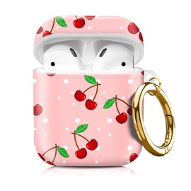 Compatible with AirPods 2nd 1st Generation,Cute Hard Case with Golden Keychain, Soft TPU Protective Shockproof Case for Girls Women (Cute Cherry Pink)