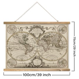 XIAOAIKA Vintage 17th Century World Map Print on Linen with Wooden Hanger, Retro Double Hemisphere Wall Decor for Home and Office, Amsterdam Edition, 39 x 29 Inches