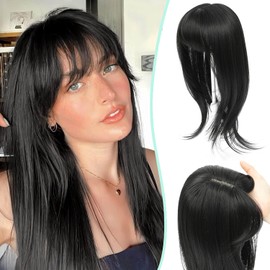 Fine Plus 360° 3D Cover Clip in Fringe, 18 Inch Synthetic Hair Topper with Fringe Upgrade 4"x5" Base Natural Black Layered Straight Fake Hair Tinsel Daily Use/Party