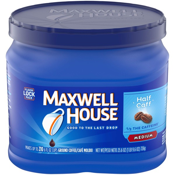 Maxwell House Half Caff Medium Roast Ground Coffee With 1/2 the Caffeine (25.6 oz Canister)