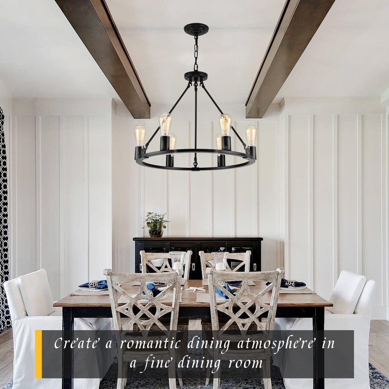 Senyshilon Black Chandelier, 6-Light Dining Room Light Fixture, Round Farmhouse