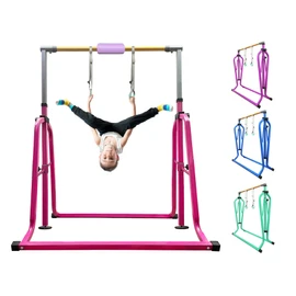 kechery Foldable & Moveable Gymnastics Horizontal Bar with Rings,3’to 5’Adjustable Height Expandable Junior Kip Bar for Home,Indoor Gym Equipment for Kids(Foldable Pink with Rings)