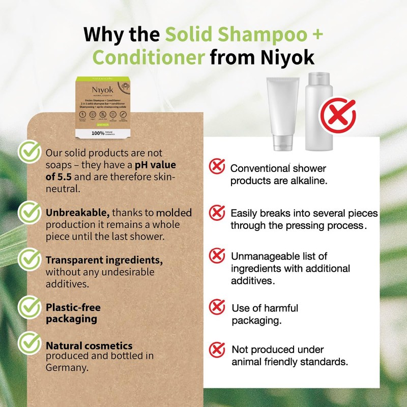Niyok Natural Cosmetics 2-in-1 Solid Shampoo + Conditioner Bar, Green