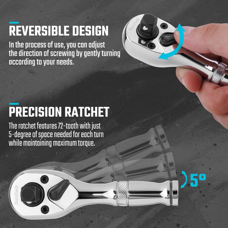 DURATECH Stubby Ratchet Set, 3-IN-1 Ratchet Handle, with 2 Extension