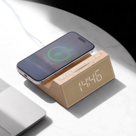 3-in-1 Alarm Clock with Wireless Charging & Night Light, Wood Grain