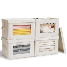 Citylife 4-Pack Storage Bins with Lids, Fabric Foldable Storage Bins with Soft Cord Handles, Cube Closet Storage Baskets with Lids, Organizers for Organizing Clothes and Books, Beige