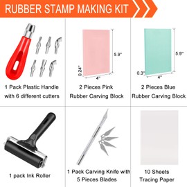 Hakkin 26Pcs Rubber Stamp Making Kit, Block Printing Starter Tool Kit, Linoleum Cutter with 6 Type Blades, Rubber Carving Block, Tracing Paper, Carving Knife with 5 Blades, Brayer Roller for Stamp