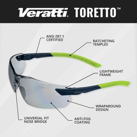 Veratti Toretto Safety Glasses, Anti-Fog Light Gray Lens, Affordable ANSI Z87.1 Certified, Gray/Green Frame