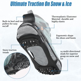 Ice Cleats Snow Traction Cleats Ice Grippers Winter Shoes Grippers 24 Studs Snow Cleats Crampon for Walking on Snow and Ice Cleats Non-Slip Overshoe Rubber Anti Slip Crampons Slip-on Stretch Footwear