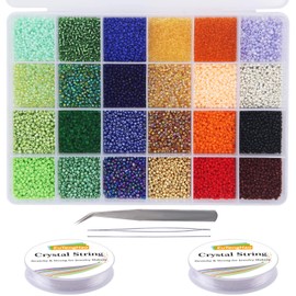 EuTengHao - 14400 cuentas de cristal pequeñas para manualidades, pulseras, collares, manualidades, suministros de joyería con dos cuerdas transparentes de 0.5 mm (600 unidades por color, 24 colores).