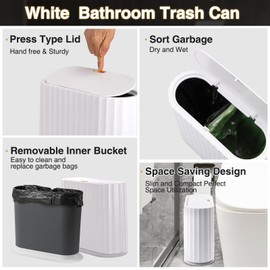 XLHOMO Small Bathroom Trash Can with Press Type Lid, 2Pcs Wicker Storage Baskets,Slim White Bathroom Garbage Can,Slim Plastic Narrow Trash Bin 2.6 Gallon Garbage Bin for Bathroom, Office, Bedroom