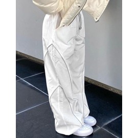 Zontroldy Cargo Pants Women Parachute Pants Y2K Baggy Casual High Waist Wide Leg Track Pants Streetwear(0946-White-XL)