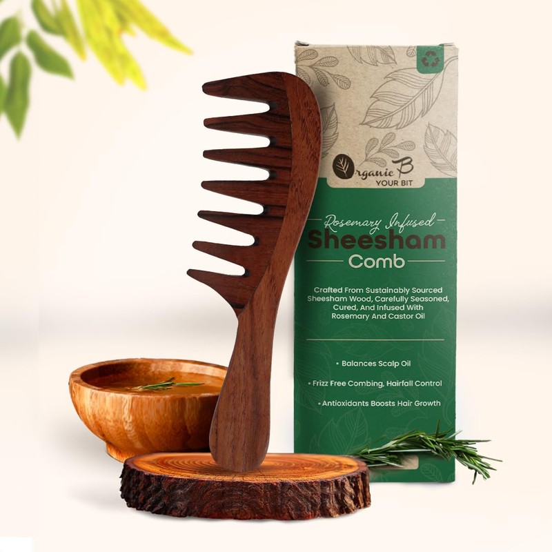 Indian Rosewood Wide Tooth Hair Comb with Curved Handle –