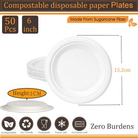 50Pack Disposable Paper Plate Heavy Duty Paper Plates 6 inch,Extra Strength White Disposable Paper Plate for hot food Super Rigid Strong Plates Bagasse Plates 15.2cm for Christmas,Birthday,Picnic,BBQ