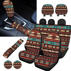 Horeset Aztec Tribal Geometric Style Car Seat Cushion 11 Pieces of Set with Car Seat Headrest Cover/Lanyards Key Chain/Auto Cup Pad/Gear Shift Knob and Handbrake Cover Fit Most SUV Truck Vehicles