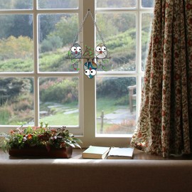 Zayookey Multicolor Owls Window Hanging Suncatchers Panel Bird Stained Window Hangings Ornament for Wall Home Garden Decor Gift