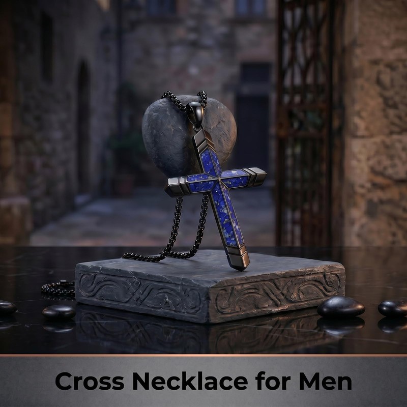 YYB Cross Necklace for Men Black Cross Lapis Lazuli Chain