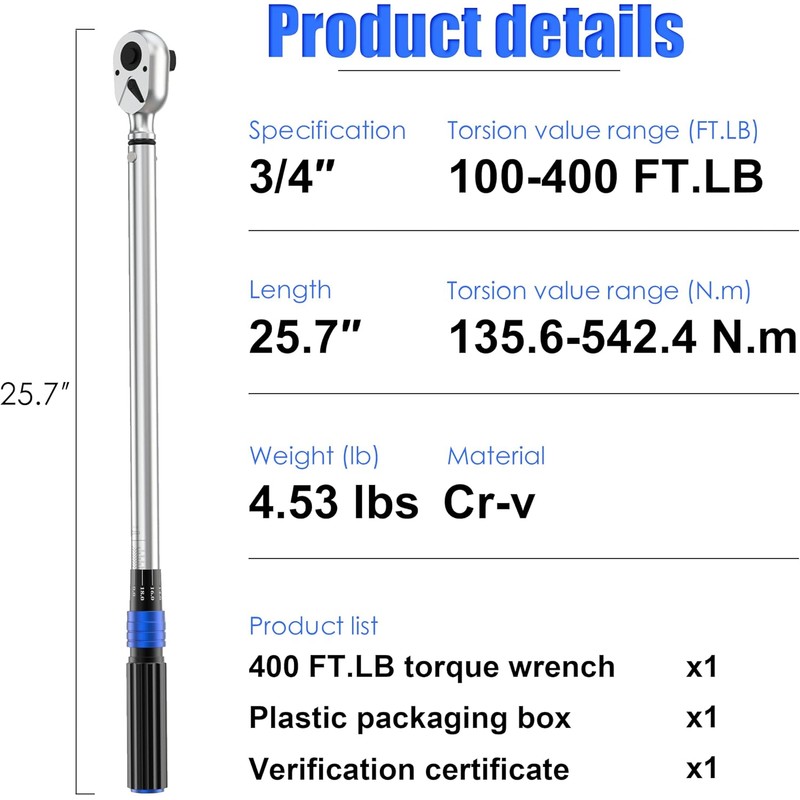 3/4'' 100-400 Ft Lb Torque Wrench Heavy Duty, Dual Direction