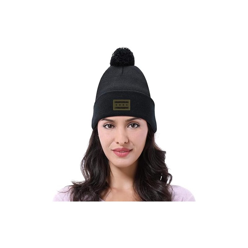 Chicago Flag Cuffed Pom Knit Hat Olive Green Patch Black