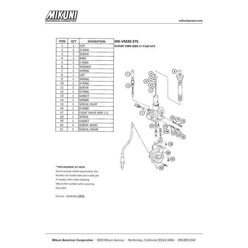 Mikuni Carburetor Rebuild Kit for Suzuki LT-F160 ATVs