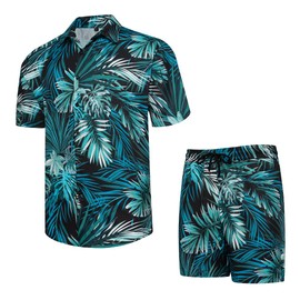 Wirltte Mens Hawaiian Shirt and Shorts Set Tropical Floral Print 2 Piece Outfits Blue Green M