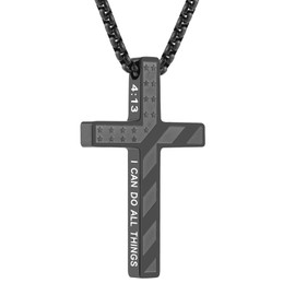 Kvekstio Cross Gift - Black American Flag Cross Pendant Necklace for Teen Son Grandson, Men's Bible Verse Gifts, First Communion Baptism Gift, Graduation Scriptures Faith Necklace for Him
