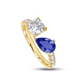 Toi Et Moi Ring For Women, Pear Shape Blue Sapphire Lab Grown Gemstone And Cushion & Round Lab Created Moissanite Diamond Adjustable Half-Eternity Ring In 14K Yellow Gold Over Sterling Silver-8