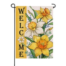 Artofy Welcome Spring Summer Floral Flower Small Decorative Garden Flag, Yellow Daffodil Eucalyptus Leaves Yard Lawn Outside Decor, Seasonal Burlap Outdoor Home Decoration Double Sided 12 x 18