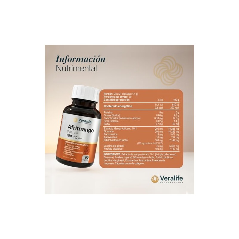 Veralife Suplemento Alimenticio Mango Africano Guarana Astanxatina Tabletas Nutricional Multivitaminico