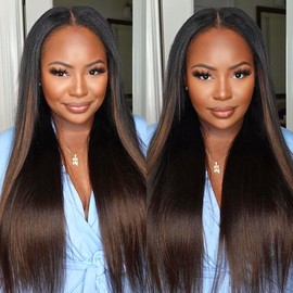 UNICE 【Upgraded Drawstring 】UNice Upgrade EasiContour V Part Wigs Ombre Chestnut Brown Yaki Straight Glueless 100% Human Hair Wigs No Stocking Cap Natural Looking Easy Install - Density: 180%, Length: 18
