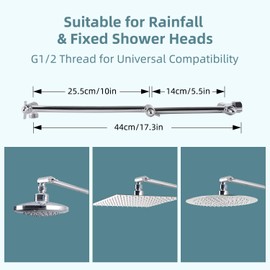 iFealClear All Metal 16" Shower Head Extension Arm, Solid Brass Shower Head Extender Adjustable Height Angle, G1/2 Universal Connection Stainless Steel Pipe with Lock Joint for Rain Showerhead, Chrome
