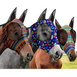Frienda 3 Pieces Horse Fly Mask with Ears Adjustable UV Protection Breathability Horses Fly Masks Elasticity Smooth Comfortable Equine Face Covering(M)