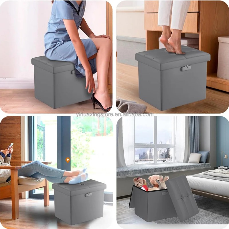 Fireproof Storage Stool 17x13x13 Inch Folding Leather Footstool with Lock