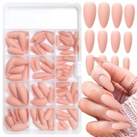 Bellelfin 240pcs Almond Press on Nails, Matte Nude Pink Fake Nails Medium Acrylic Nails Press Ons False Glue on Nails Kit with 5 Sheets Adhesive Tabs for Women Girls