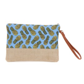 Cotton Canvas Two-Tone Cosmetic Bag Make Up Clutch Bag (10.5"W x 7.5"H, Blue Pineapple (Jute Bottom))