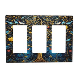 WUYOCHA Gold Tree With Birds Flowers on Branches 3 Gang Rocker Triple Outlet Wall Plate Decorative Switchplate Cover Faceplate GFCI Light Switch Covers for Farmhouse Living Decor