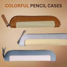 1 Pack PU Leather Pencil Case - Slim Pen Holder for 3-5 Pens, Portable Stationery Pouch Organizer for Student, Adult, School & Office, Blue&White