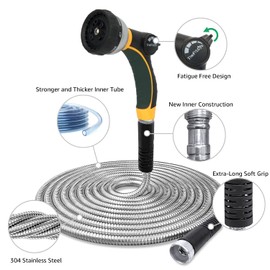 TheFitLife Flexible Metal Garden Water Hose - Upgrade Leak and Fray Resistant Design, Stainless Steel with Solid Fittings and Sprayer Nozzle, Lightweight Kink Free Durable Easy Storage (100 FT)