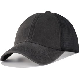 CYGTE Vintage Washed Soft Mesh-Back Trucker Hat Snapback Unstructured Adjustable Blank Baseball Cap Plain Dad Ball Cap Black/Elastic Strap